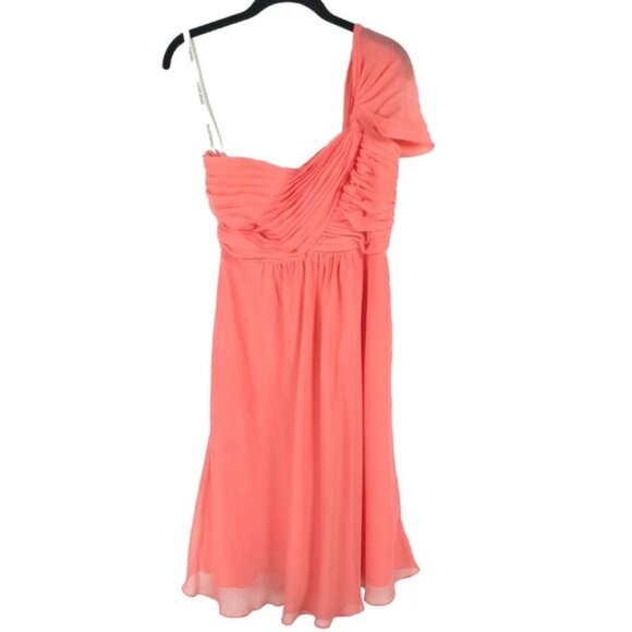 DAVID’S‎ BRIDAL One Shoulder Ruffle Ruched Faux Wrap Chiffon Sheer Dress Size 6 - Picture 1 of 12